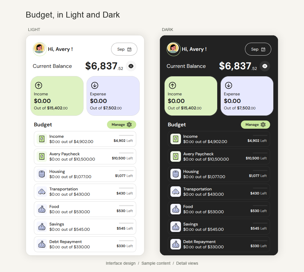 Paired Light and Dark interface design details showing a fictional Avery greeting, September selector, current balance, Income and Expense cards, Budget heading, Manage control, and category rows through Debt Repayment.